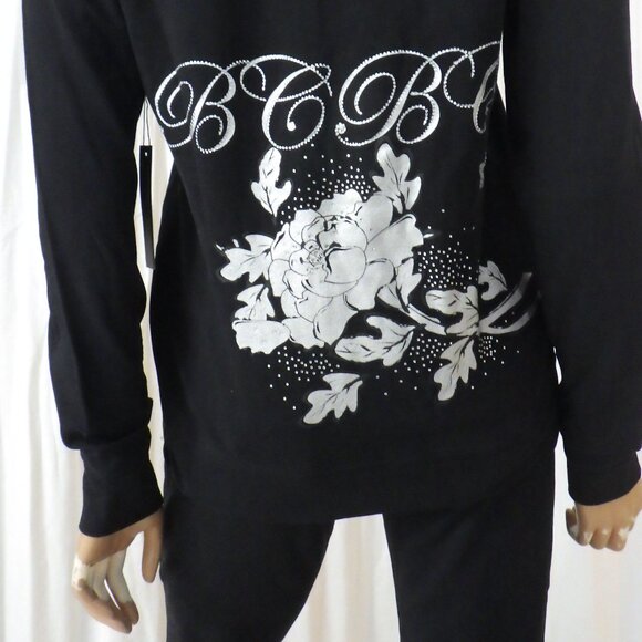 NWT BCBG sz SM MED LG XL 95% cotton BLK SILVER FOIL ROSE BUTTERFLY 2PC TRACKSUIT - Picture 15 of 15
